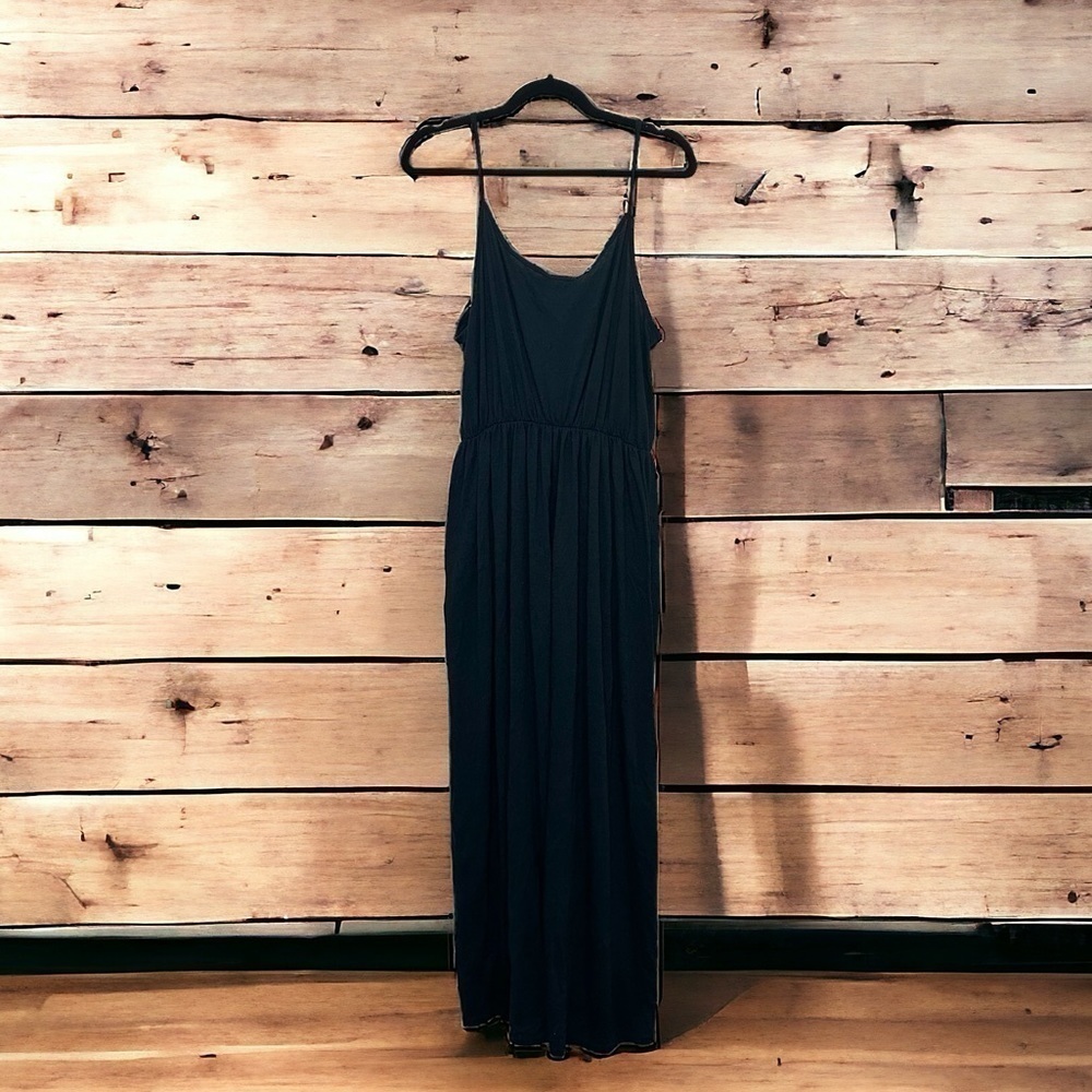 Comfy stretch waist maxi dress dark blue green spaghetti strap women XL